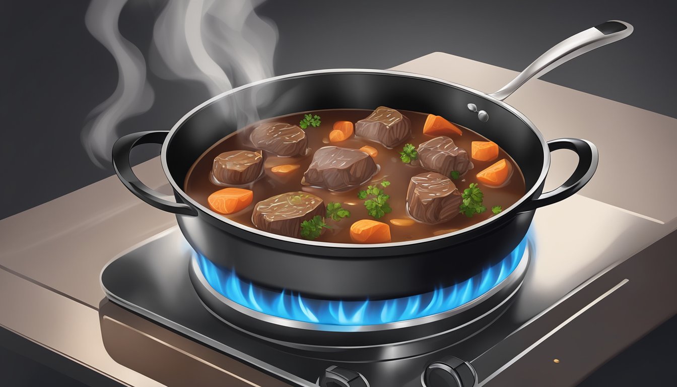 A pot of Beef Bourguignon being gently reheated on a stovetop, with aromatic steam rising from the rich, savory stew