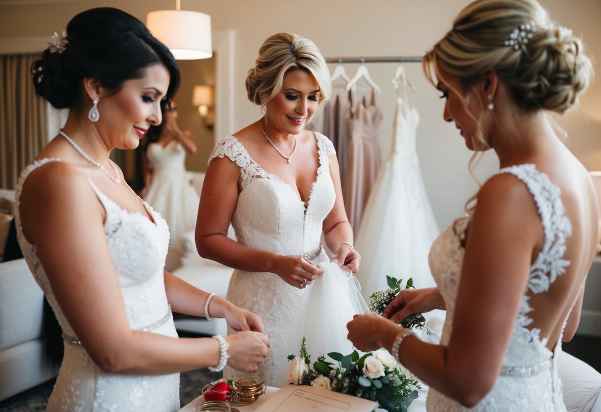 The mother of the bride helps organize and prepare the bridal attire and accessories