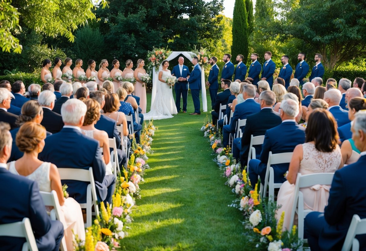 A beautiful outdoor wedding ceremony with 100 guests seated in rows, surrounded by lush greenery and colorful flowers