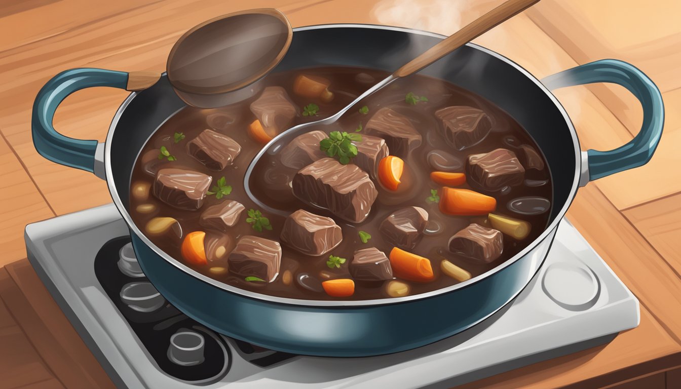 A pot of beef bourguignon simmering on a stovetop, steam rising, with a wooden spoon resting on the edge