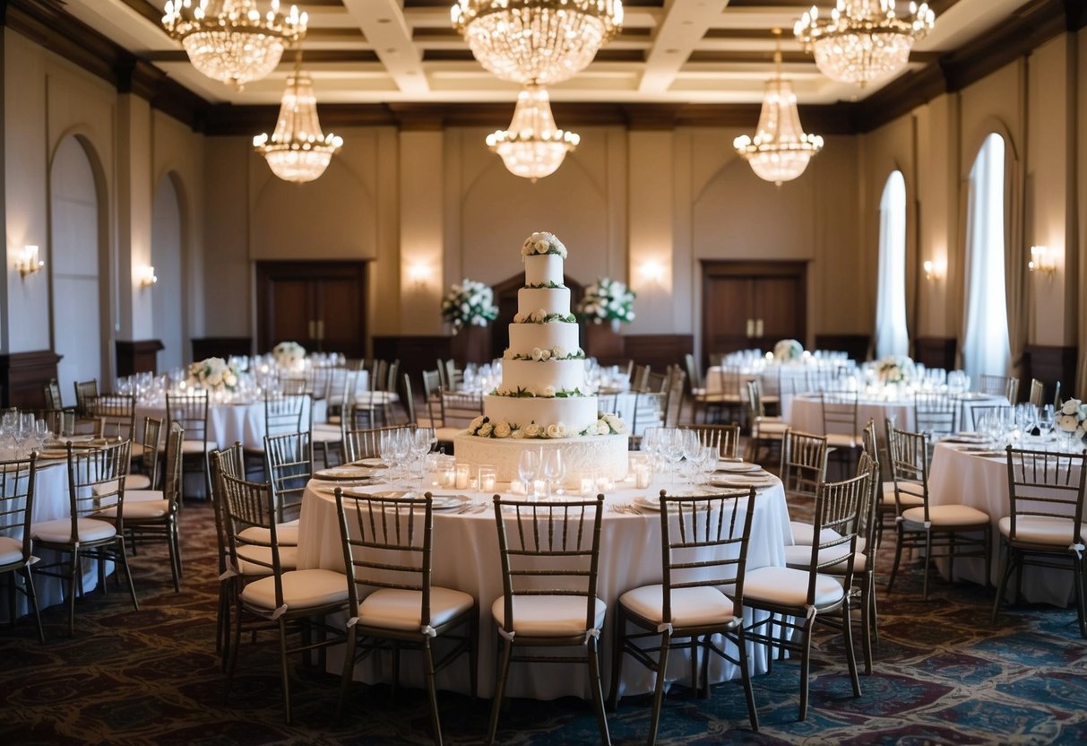 A grand banquet hall with 100 empty chairs arranged around beautifully decorated tables, with a towering wedding cake as the centerpiece