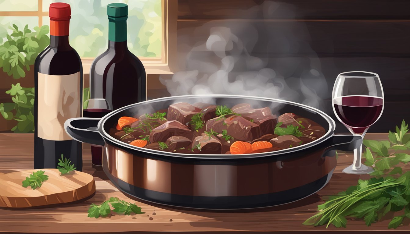 A steaming pot of beef bourguignon sits on a rustic wooden table, surrounded by fresh herbs and a bottle of red wine