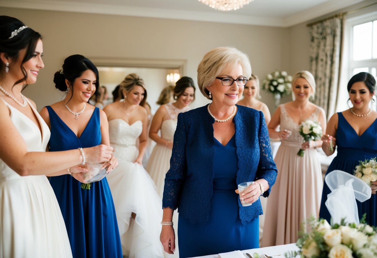 The mother of the bride helps organize the bridal party preparations, overseeing the bustling activity and ensuring everything is in place for the big day