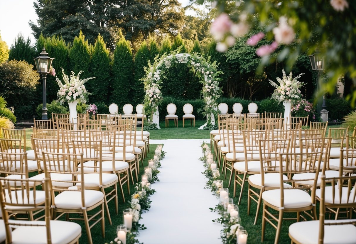 A grand outdoor wedding venue with rows of elegant chairs and a beautiful arch for the ceremony, surrounded by lush greenery and blooming flowers