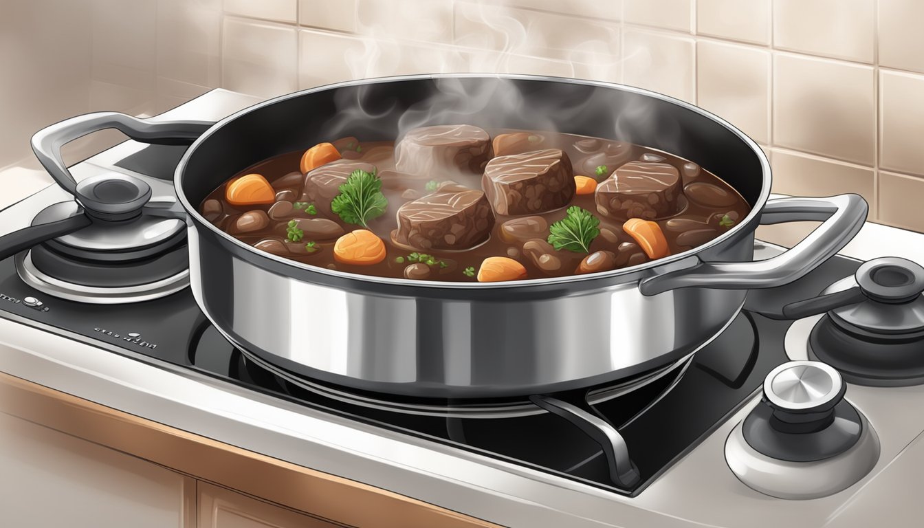 A pot of beef bourguignon being gently reheated on a stovetop, with steam rising and the rich aroma filling the kitchen