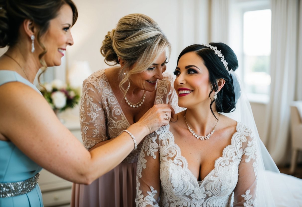The mother and bride bond while getting ready together for the wedding
