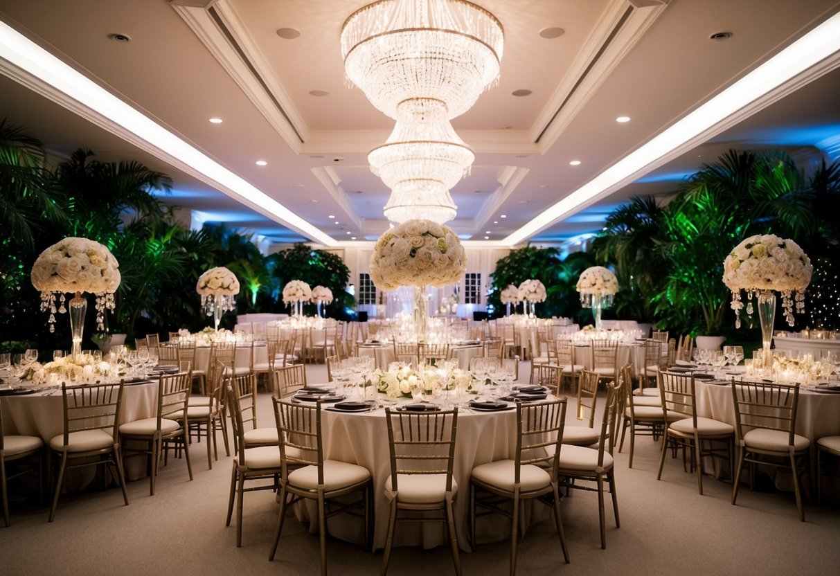 A grand ballroom with 100 empty chairs, adorned with elegant decorations and a lavish banquet spread, surrounded by lush gardens and twinkling lights