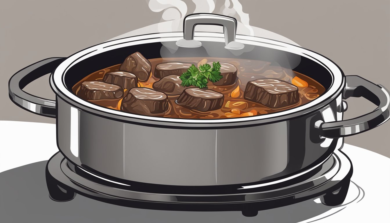 A pot of beef bourguignon simmering on a stovetop, steam rising from the rich, savory liquid as it warms