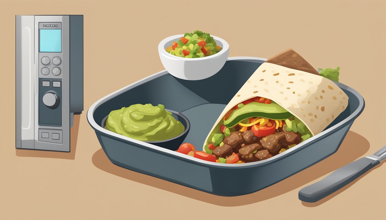 A beef burrito is being placed in the microwave alongside a bowl of salsa and a side of guacamole