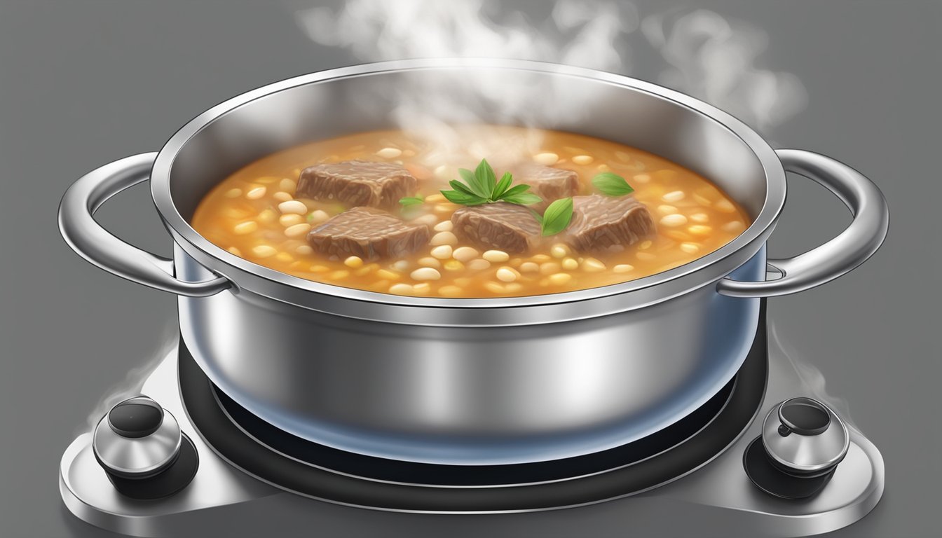 A steaming pot of beef barley soup being gently reheated on a stovetop, with fragrant steam rising and the rich aroma filling the kitchen