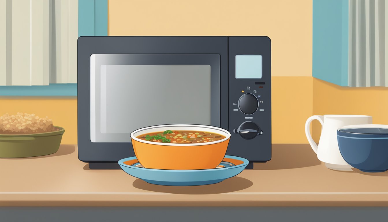 A bowl of beef barley soup being reheated in a microwave