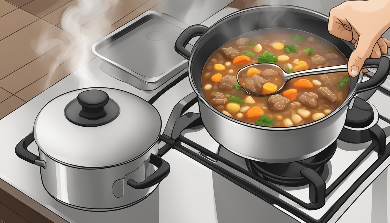 A pot of beef barley soup being placed on a stovetop, with a ladle resting on the side and steam rising from the surface