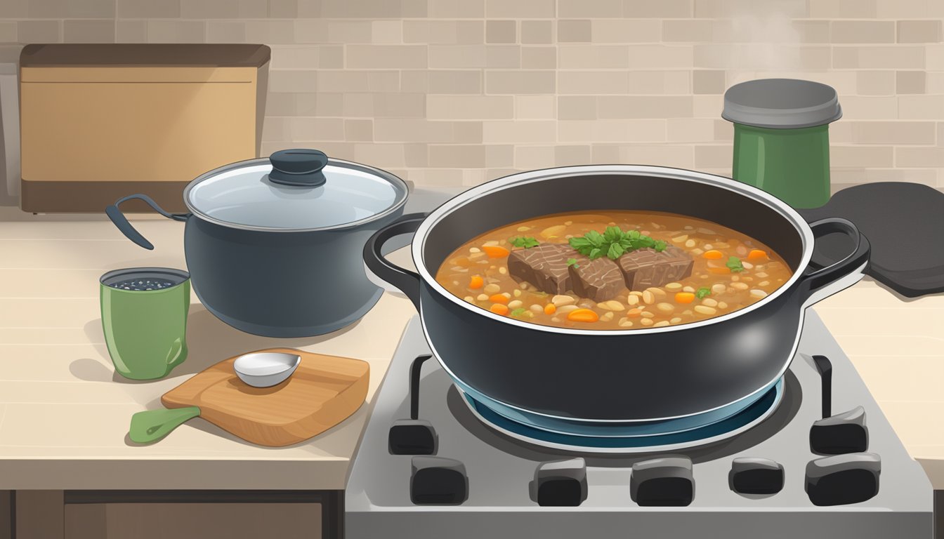 A steaming bowl of beef barley soup sits on a stovetop, with a pot and ladle nearby. A microwave and stovetop are visible in the background