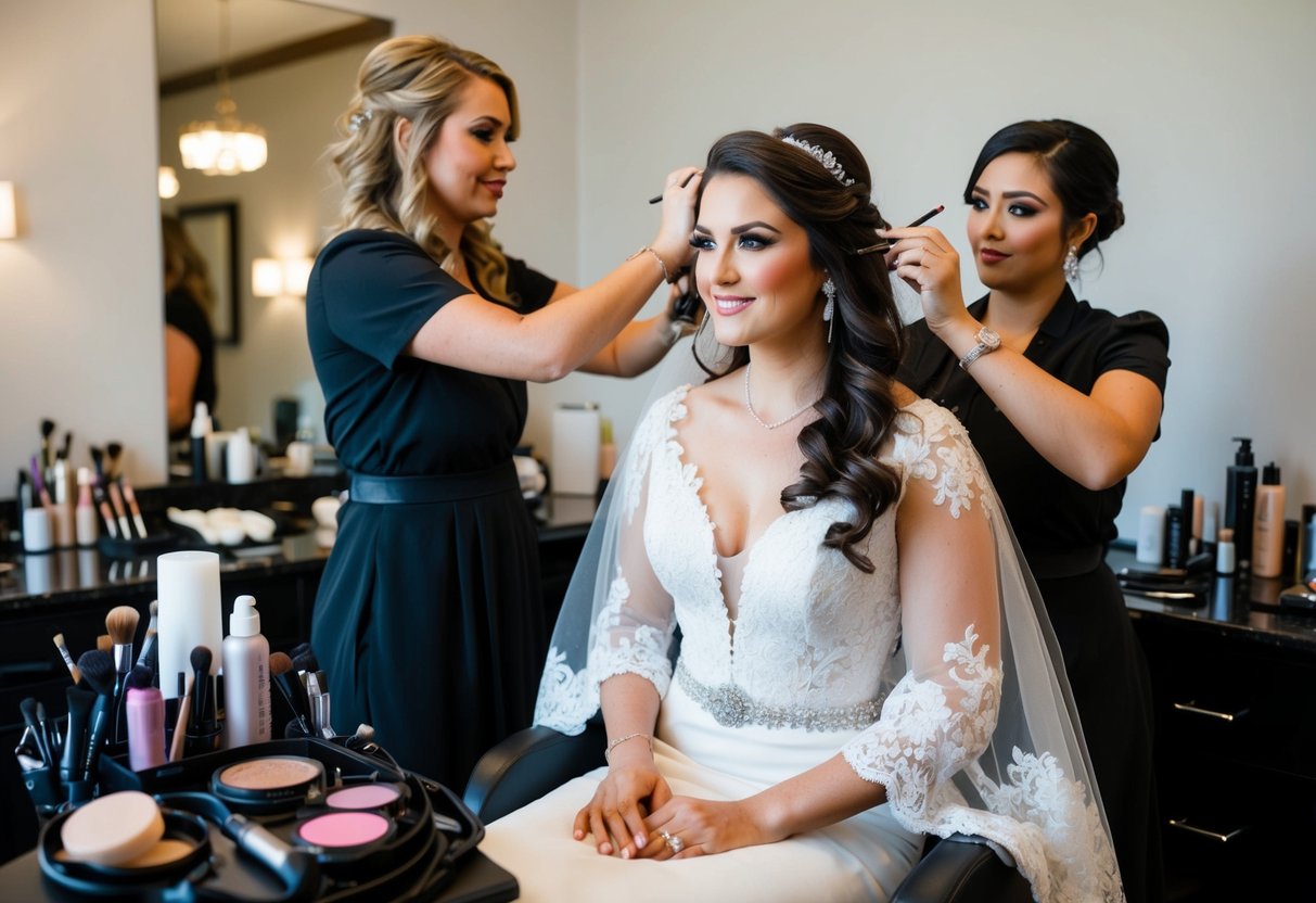 A bride sits in a chair, surrounded by makeup and hair supplies. A stylist works on her hair, while another applies makeup