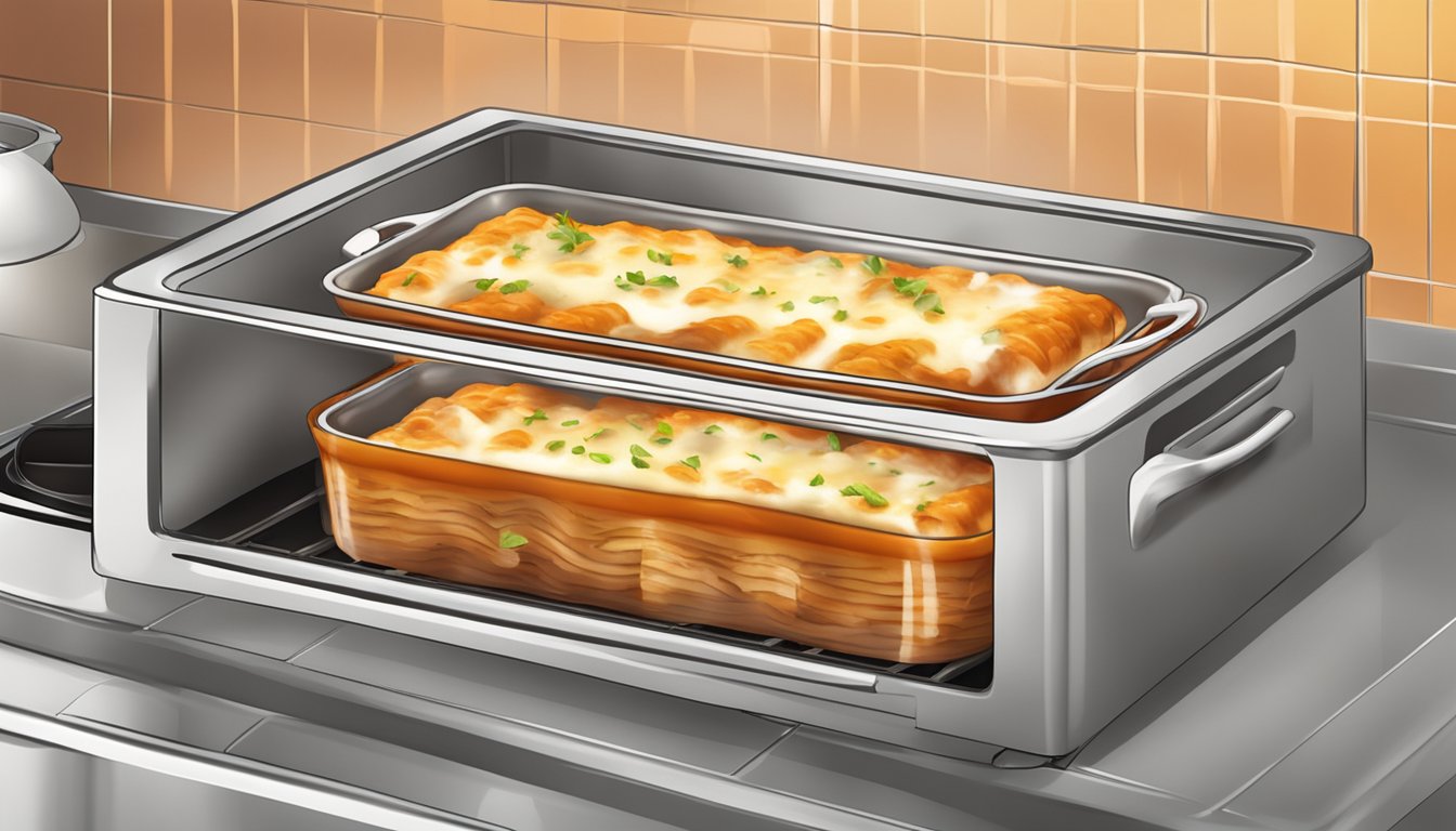 A steaming dish of beef cannelloni being heated in the oven