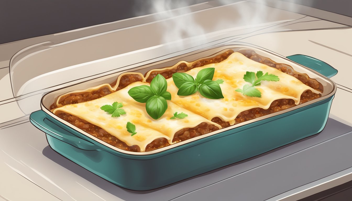 A steaming dish of beef cannelloni being gently reheated in the oven, with bubbling cheese and a sprinkle of fresh herbs on top