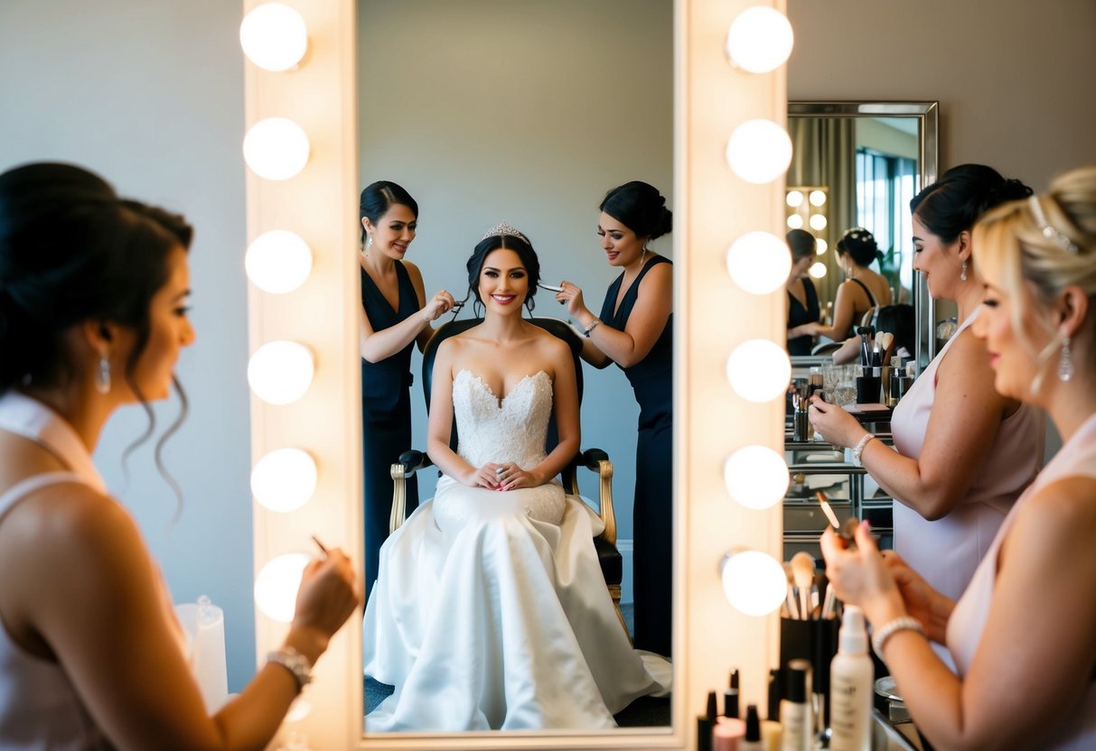 A bride sits in a luxurious chair, surrounded by mirrors and soft lighting, as a team of stylists and makeup artists work to perfect her bridal look