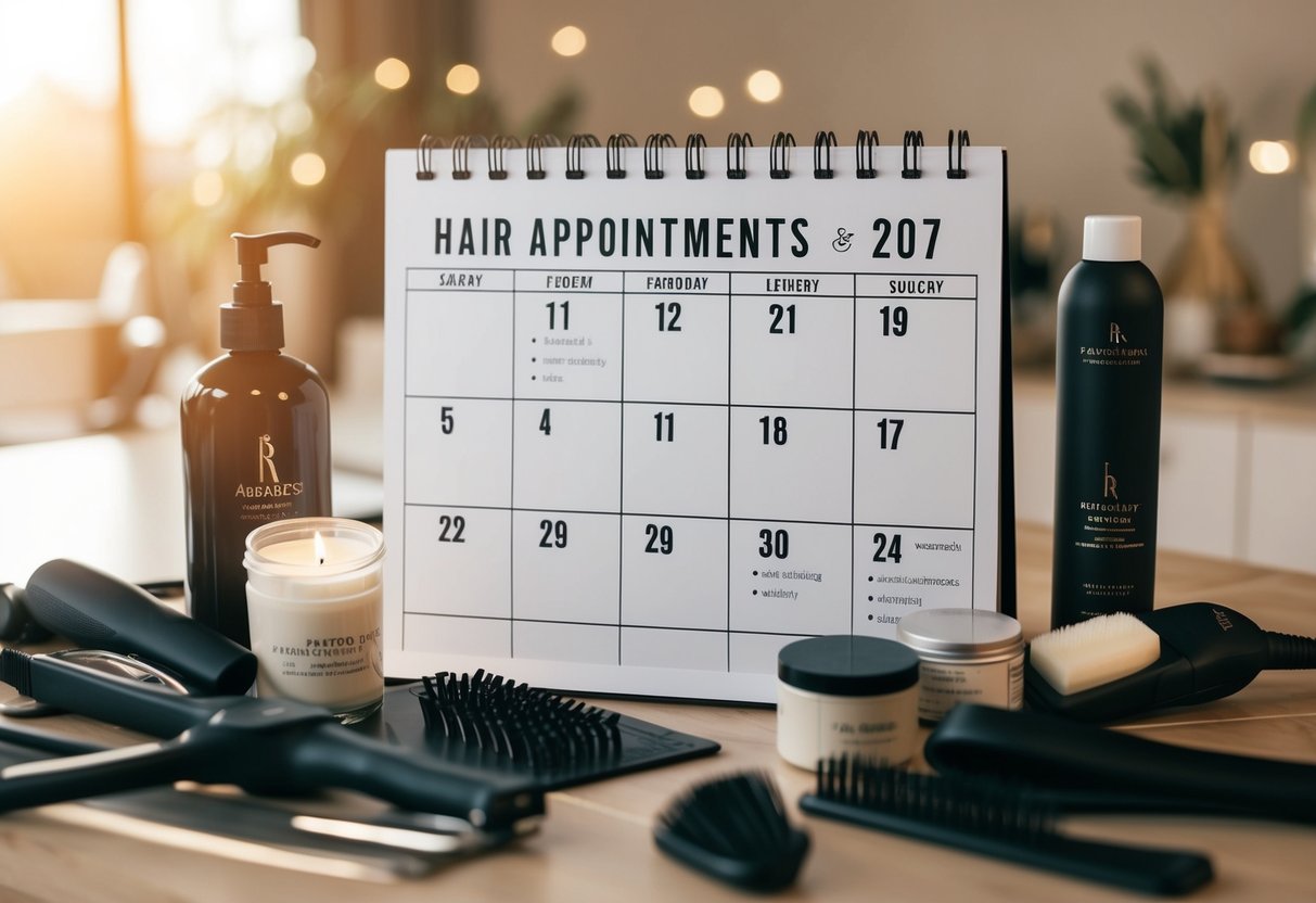 A calendar with dates marked for hair appointments leading up to a wedding, surrounded by hair styling tools and products