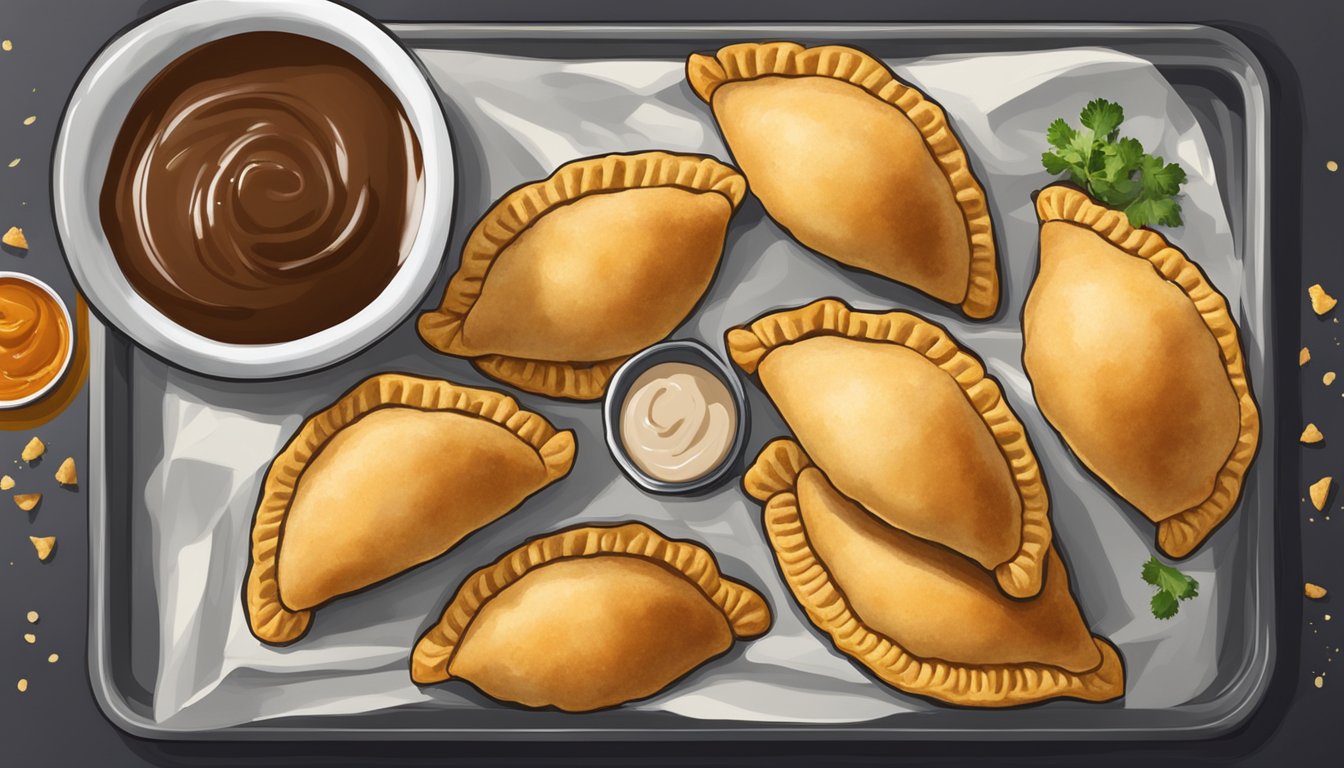 Beef empanadas arranged on a baking sheet, golden and crispy, with a small dish of dipping sauce on the side