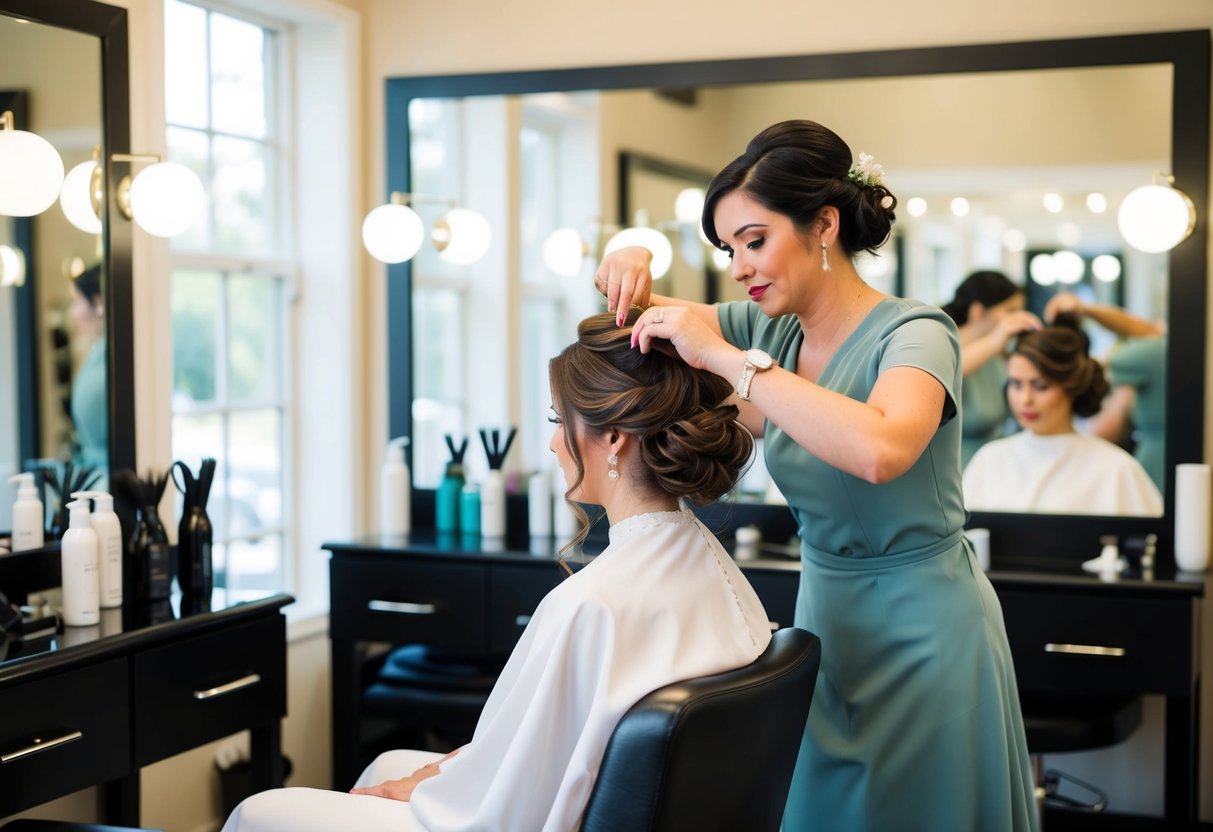 A bride sits in a salon chair, surrounded by mirrors and hairstyling tools. The hairstylist carefully arranges her hair into an elegant updo, preparing her for the wedding day