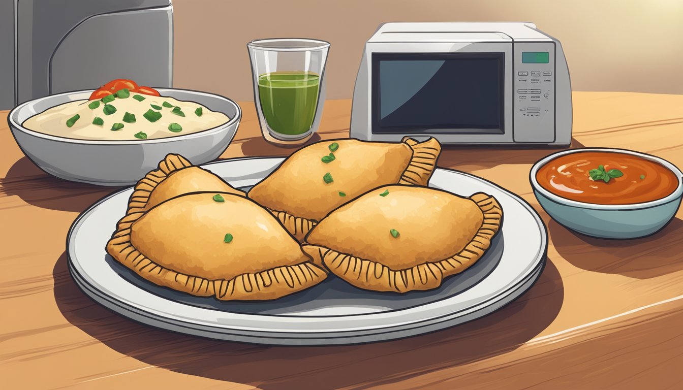 A plate of beef empanadas arranged around a small dish of dipping sauce, with a microwave in the background