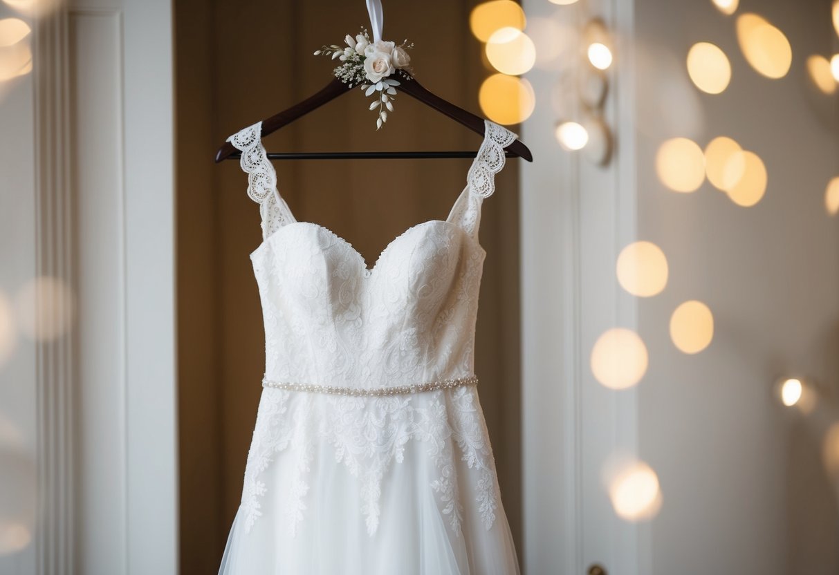 A bride's dress hanging on a decorative hanger, surrounded by soft lighting and delicate lace details