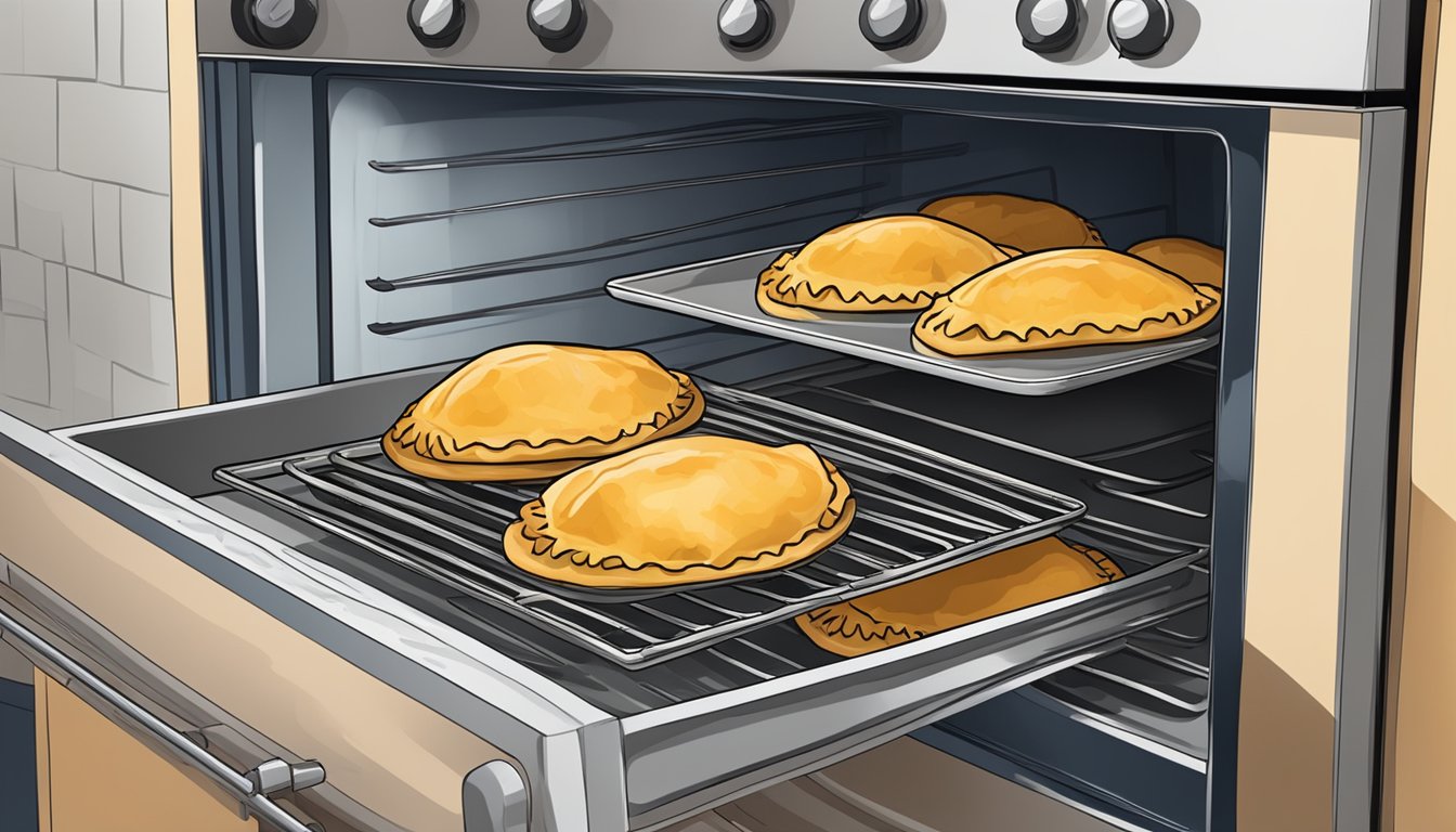 A plate of beef empanadas being reheated in the oven