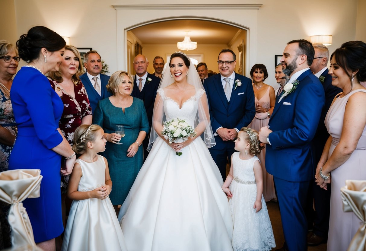 A bride standing in her wedding dress, surrounded by her family and close friends, as they eagerly await the traditional reveal before the ceremony