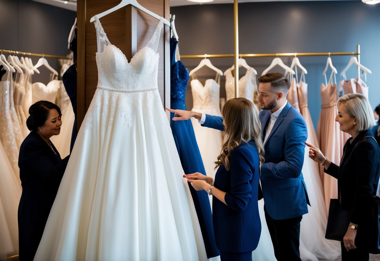 A wedding dress hanging in a boutique, surrounded by other gowns on display. Customers browsing and pointing at different options