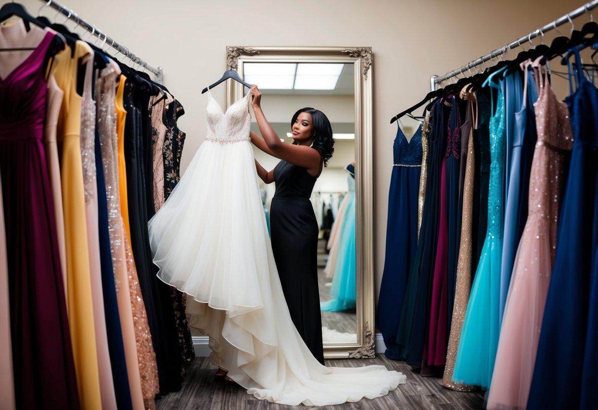 A boutique consultant holds up a flowing gown in front of a mirror, surrounded by racks of elegant dresses in various styles and colors