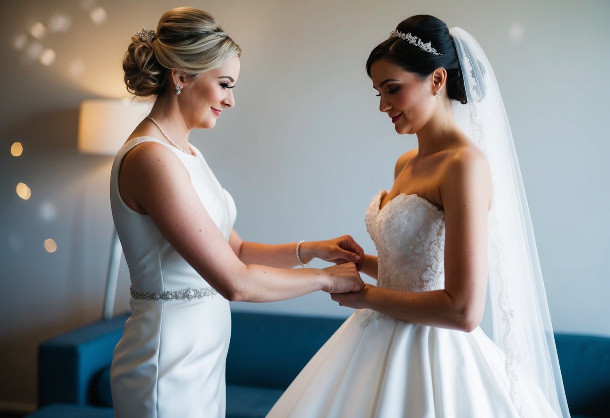 A figure assists the bride with her dress, gently adjusting the fabric and ensuring everything is in place for her special day