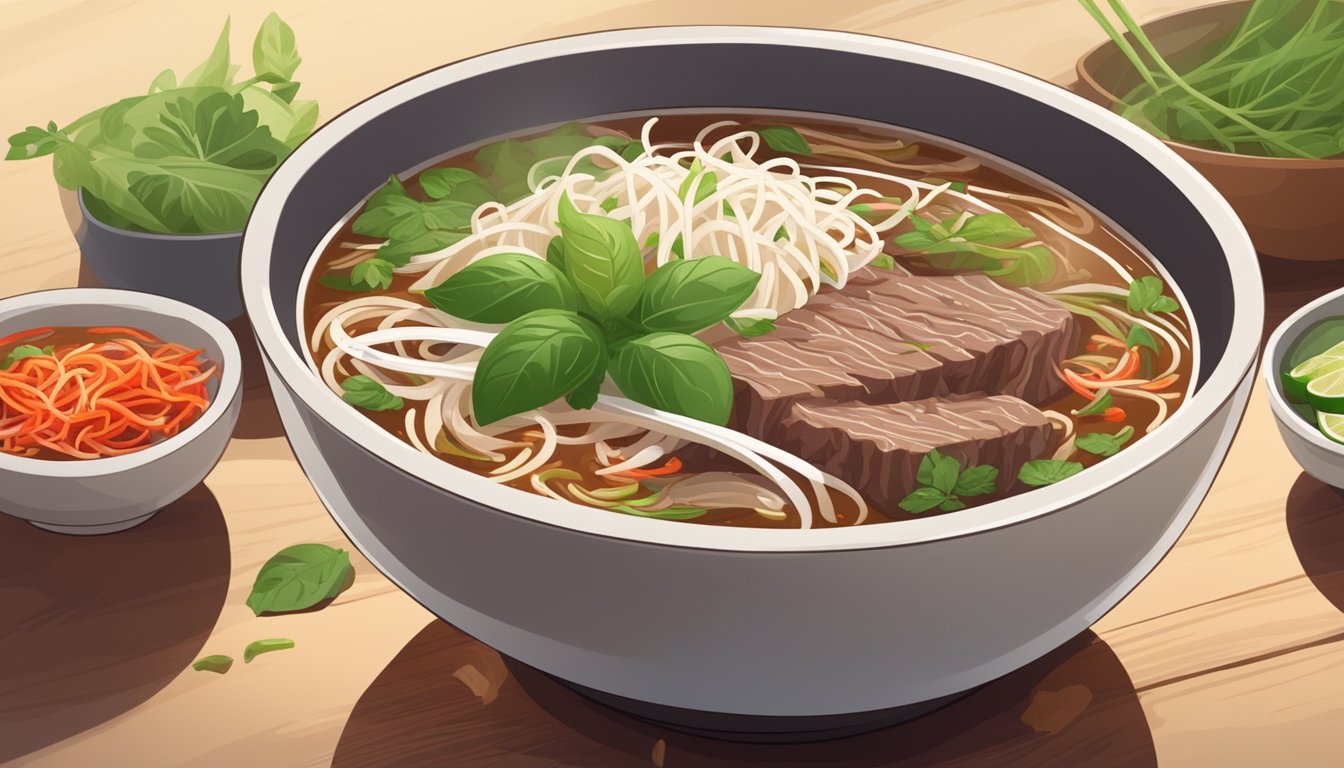 A steaming bowl of beef pho sits on a wooden table, surrounded by fresh bean sprouts, basil leaves, lime wedges, and chili slices