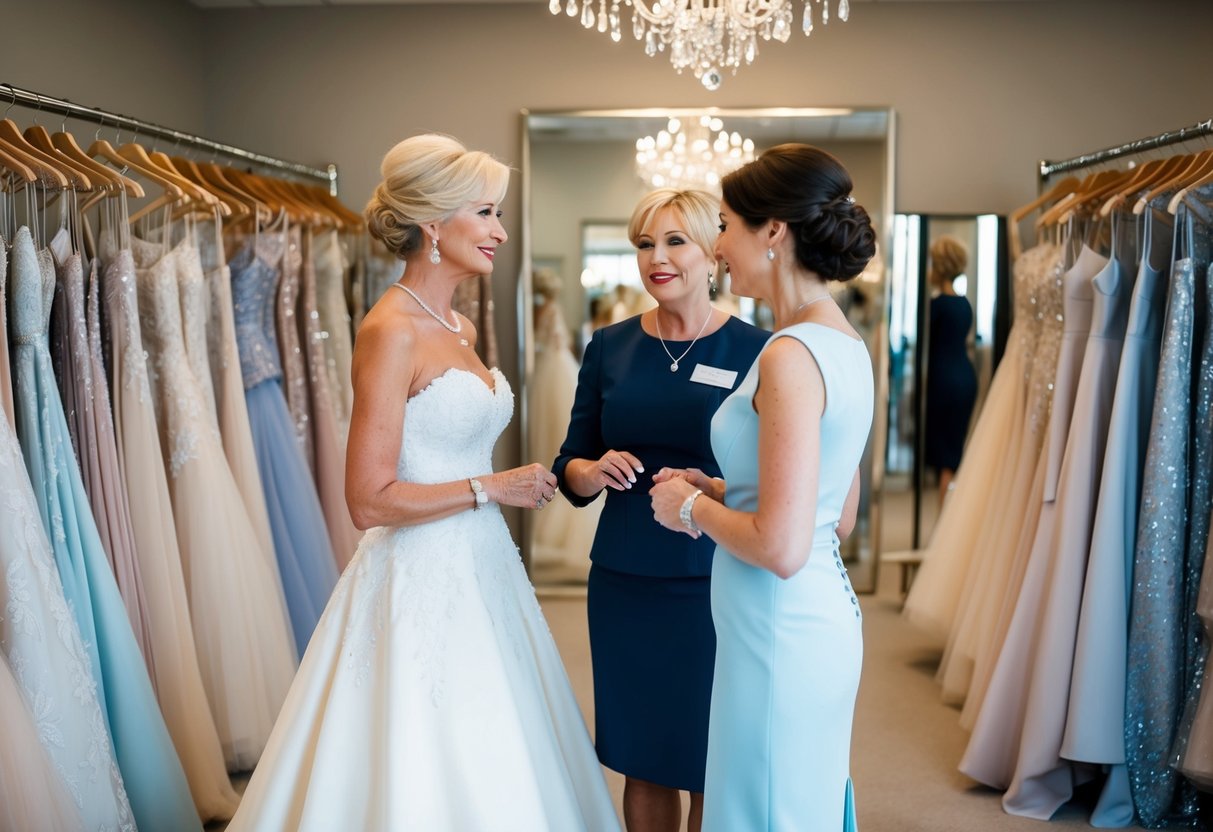 A mother of the bride and a salesperson discussing dress options in a boutique, surrounded by racks of elegant gowns and mirrors