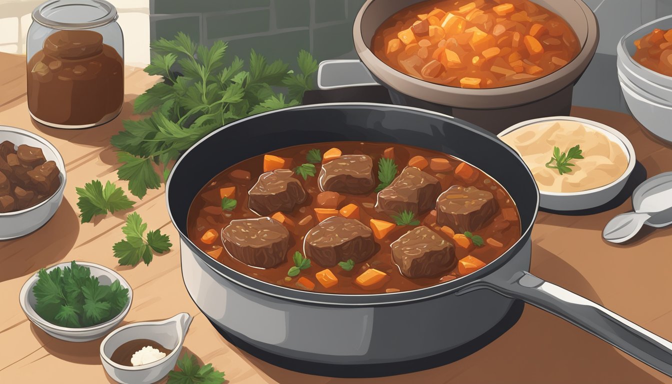 A pot of beef goulash being reheated on a stovetop, with a wooden spoon stirring the rich, thick stew. On the side, a plate of fresh herbs and spices ready to be added in