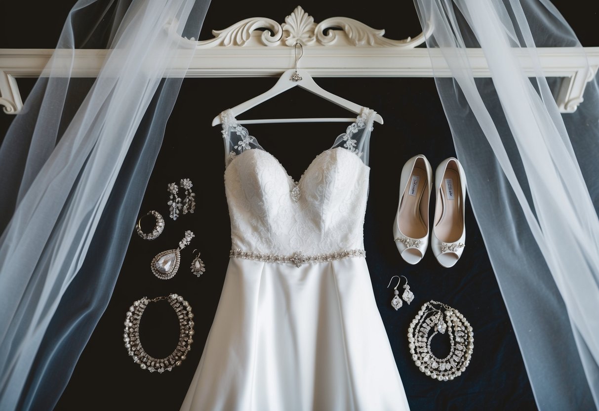 A wedding dress hanging from a decorative hanger, surrounded by jewelry, shoes, and a veil