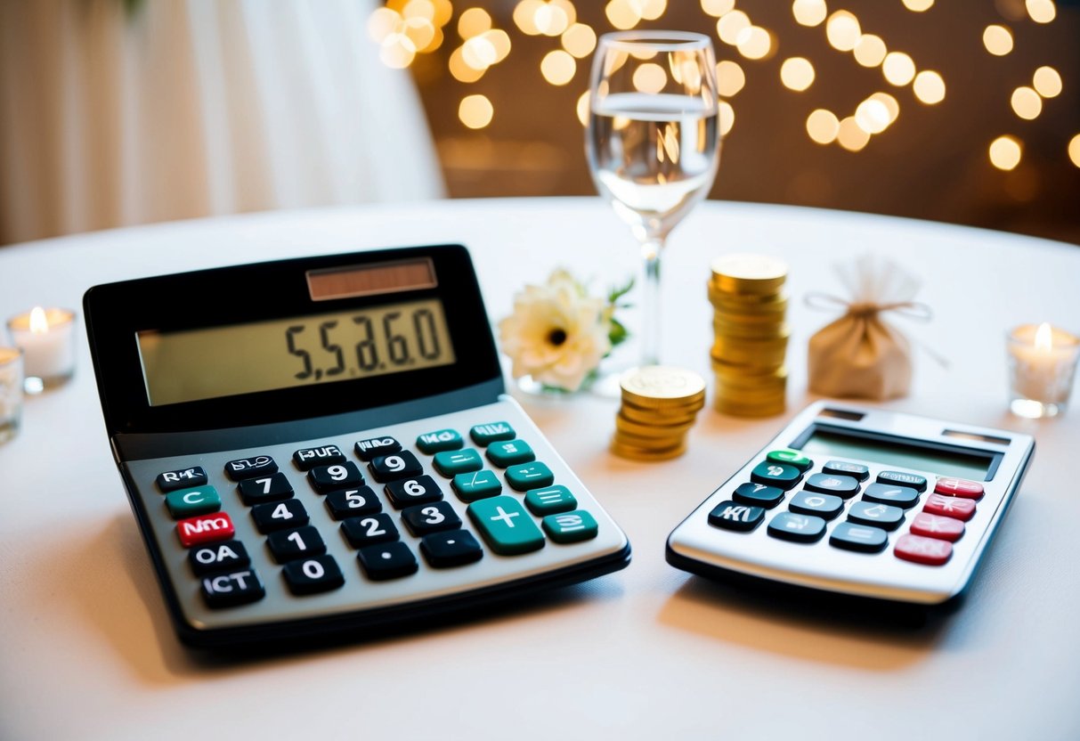 A table with wedding items and a calculator displaying the total cost