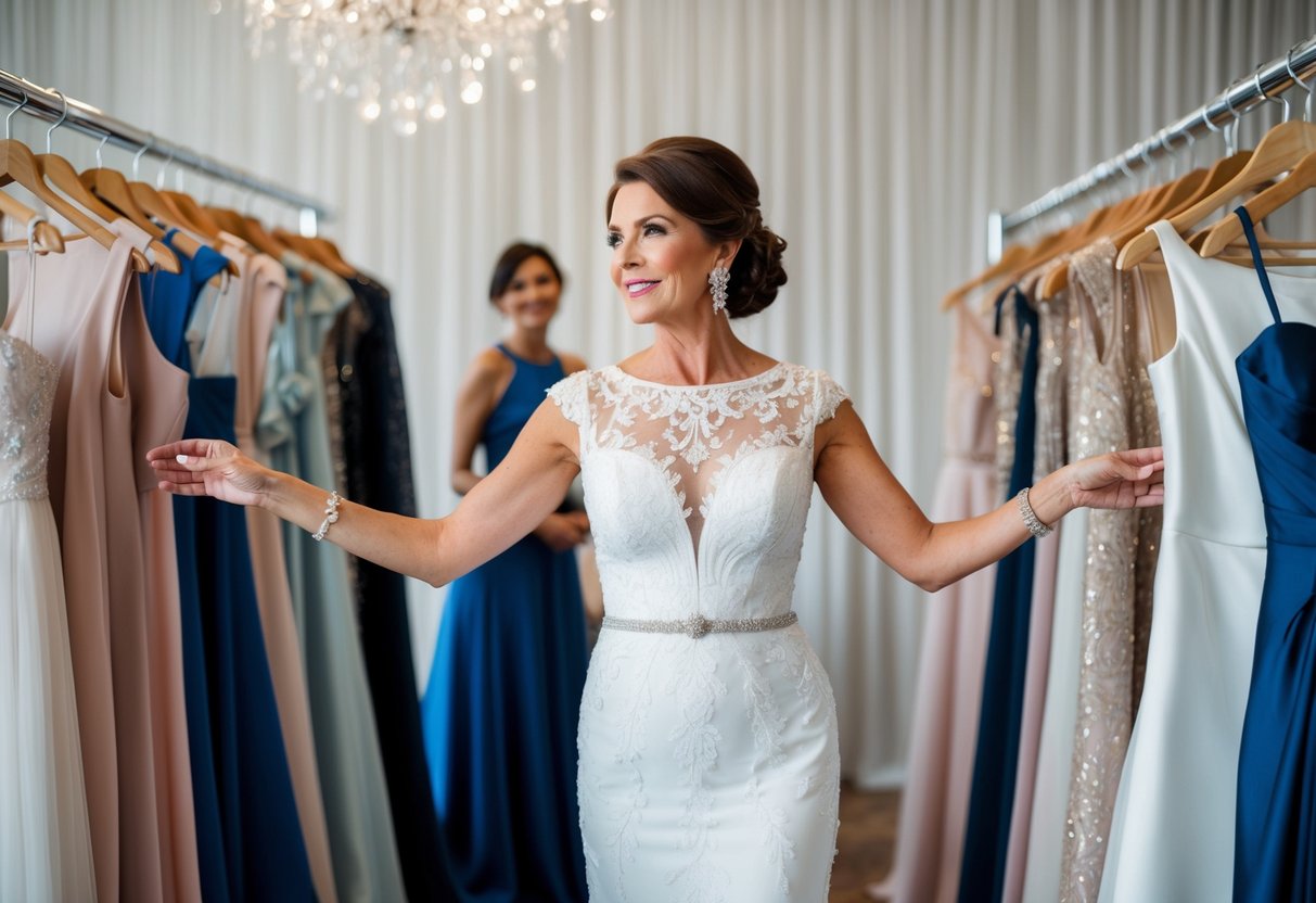 A confident mother of the bride selects her dress, surrounded by a variety of elegant options, exuding a sense of poise and certainty