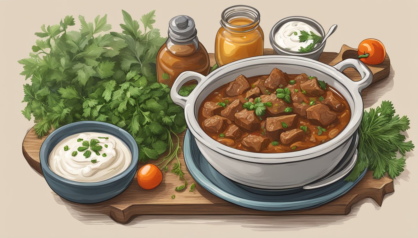 A steaming bowl of beef goulash sits on a rustic table, surrounded by fresh herbs and a drizzle of creamy sour cream