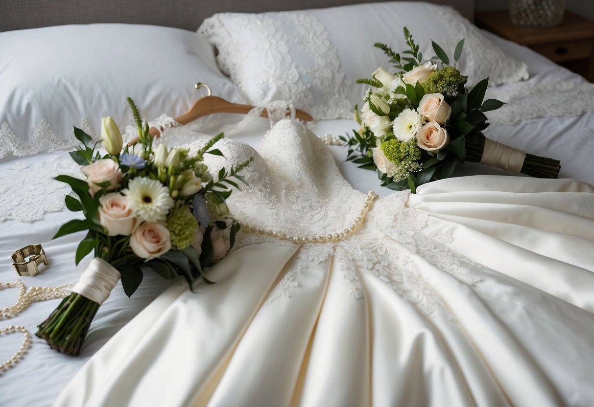 A wedding gown laid out on a bed, surrounded by delicate lace, pearls, and a bouquet of flowers