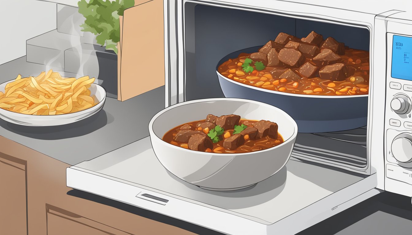 A bowl of beef goulash being reheated in a microwave