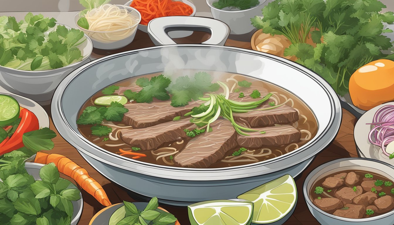 A steaming bowl of beef pho sits on a stovetop, surrounded by fresh herbs and garnishes. Steam rises from the bowl as it is being reheated