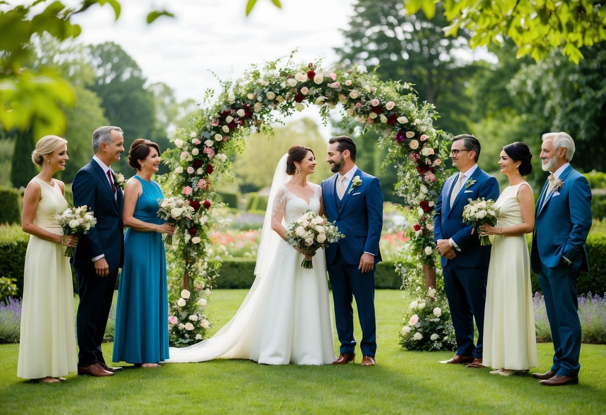 A serene garden setting with a bride and groom standing under a floral arch, surrounded by family and friends, symbolizing the financial support and grace in navigating wedding responsibilities