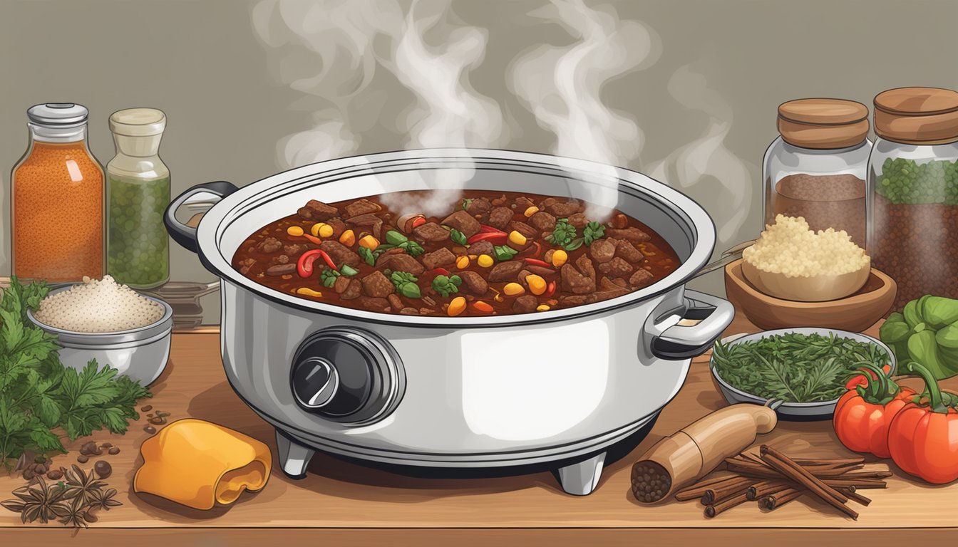 A steaming bowl of beef chili sits atop a stove, surrounded by aromatic spices and herbs