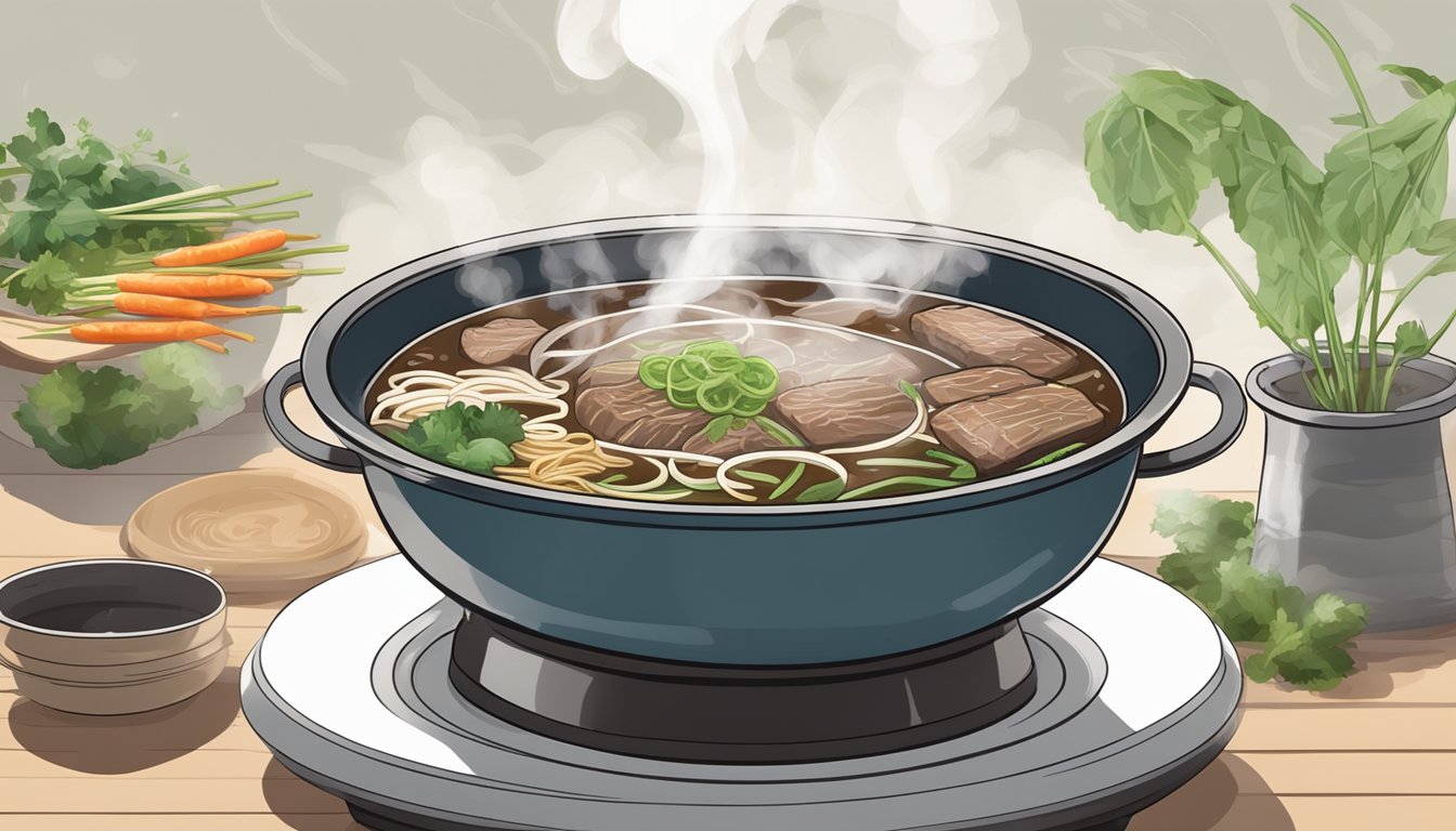 A steaming bowl of beef pho sits on a stove, surrounded by aromatic steam and the sound of bubbling broth