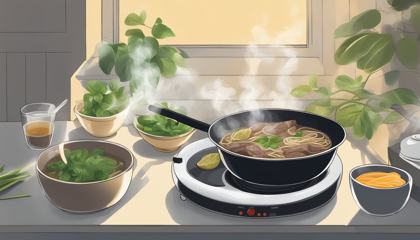 A steaming bowl of beef pho being heated on a stovetop