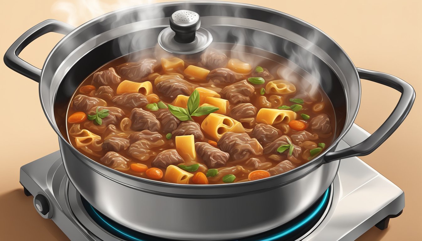 A pot of beef ragu simmering on a stovetop, steam rising and rich aroma filling the kitchen