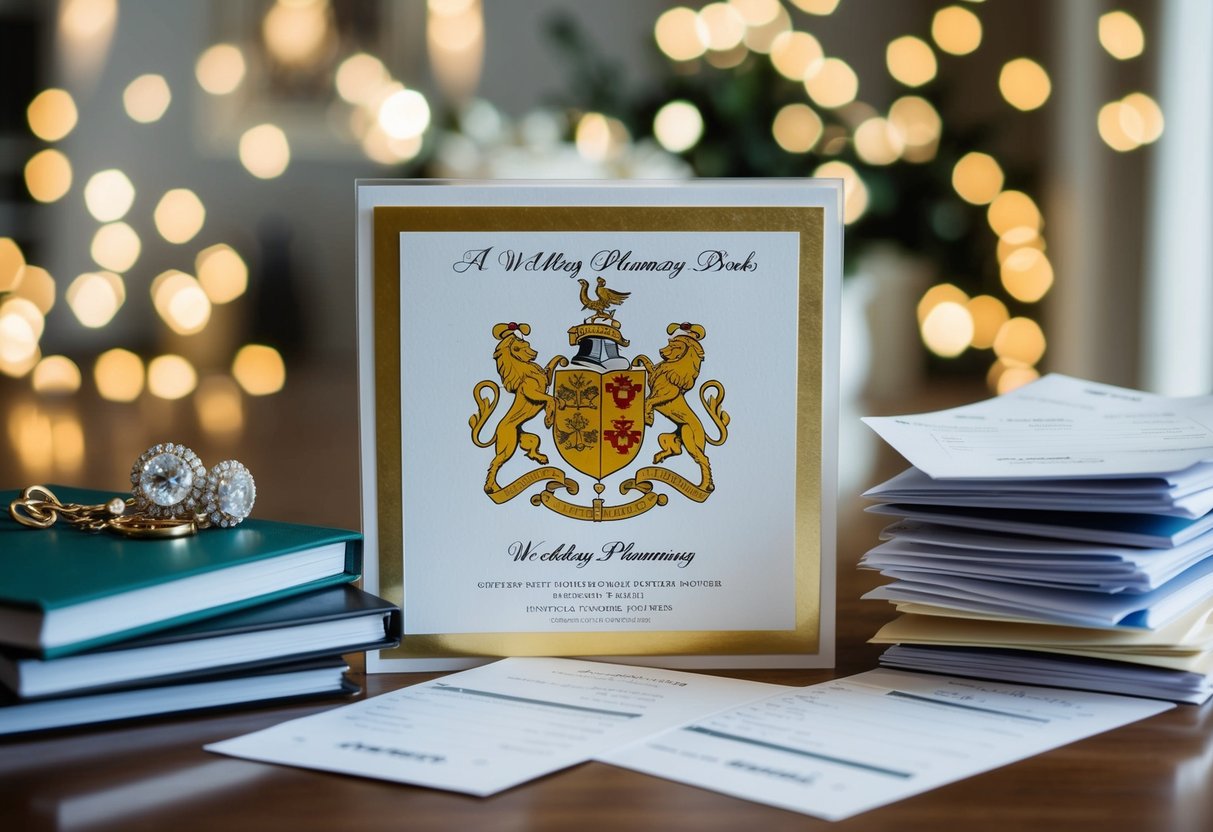 A family crest on a gilded invitation, surrounded by wedding planning books and a stack of invoices
