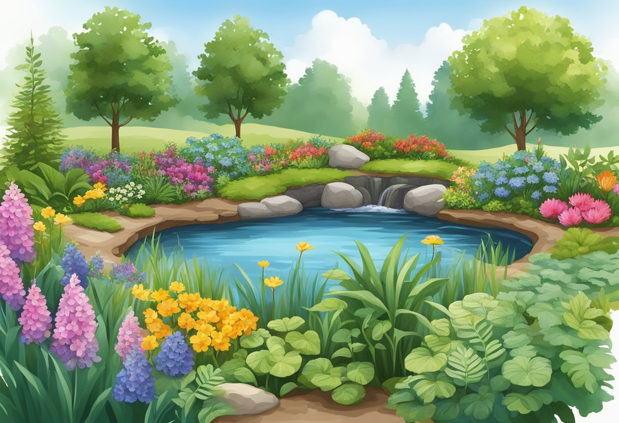 Lush green foliage and colorful flowers surround a newly dug pond, with a variety of plants suggested for planting around its edges