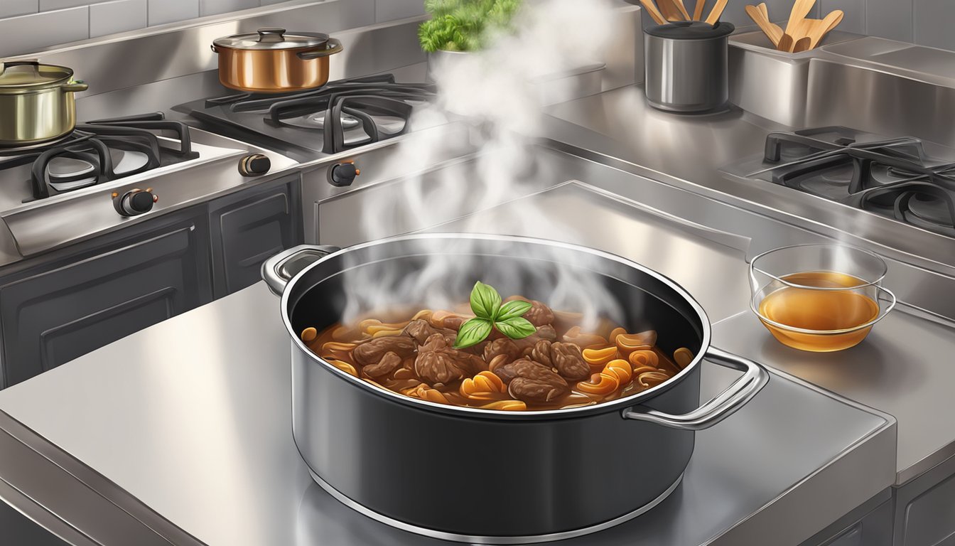 A pot of simmering beef ragu on a stovetop, with steam rising and the rich aroma filling the kitchen