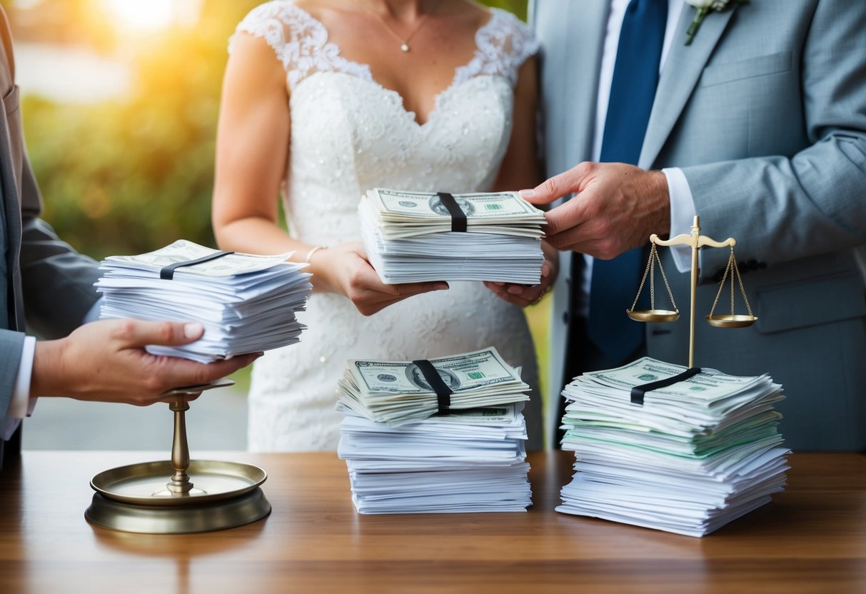 A bride's family holds a stack of wedding-related bills while a groom's family stands nearby with a smaller stack. A scale symbolizes the financial division